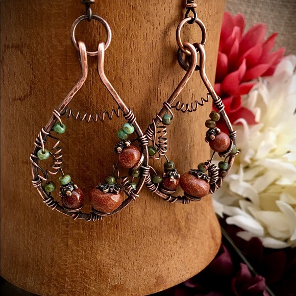 Pumpkin patch sunstone wire wrapped earrings - Picture 3 of 7